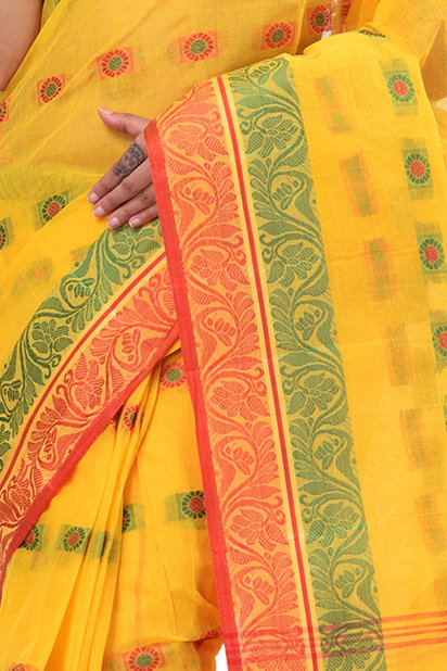 Yellow Pure Cotton Pushti Desiging Tant Saree (229)